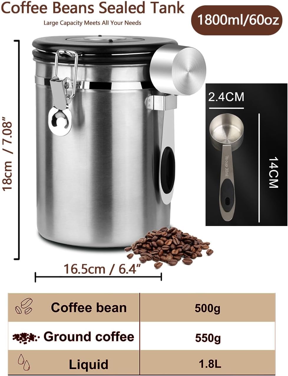 Coffee Canister Airtight Storage Container 1.8L Stainless Steel Air Tight Coffee Jar with Scoop