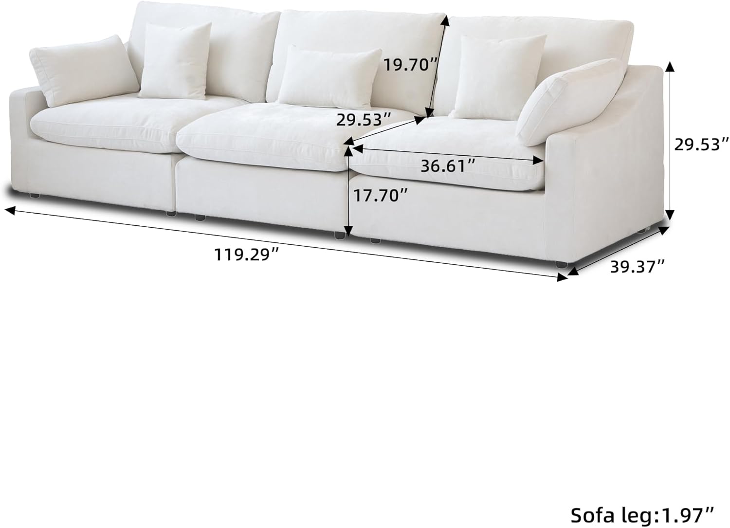 JACH Sectional Couches for Living Room, 3 Seater Cloud Sectional Couch with Deep Seat, Down Filled