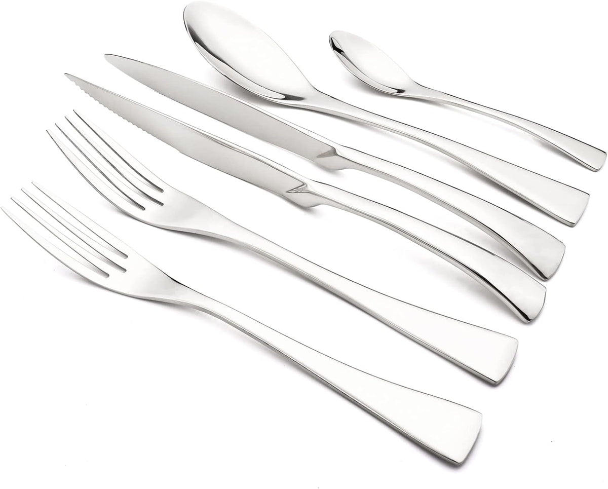 24-Piece Silver Flatware, Mirror 18/10 Stainless Steel Modern & Luxury Dinnerware Set With Serrated