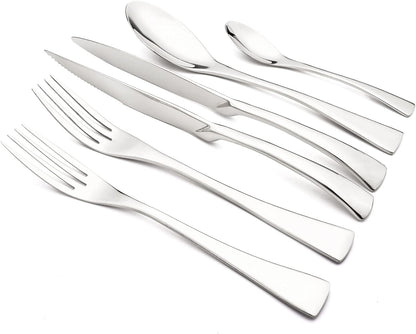 24-Piece Silver Flatware, Mirror 18/10 Stainless Steel Modern & Luxury Dinnerware Set With Serrated