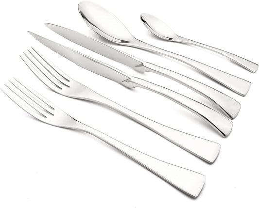 24-Piece Silver Flatware, Mirror 18/10 Stainless Steel Modern & Luxury Dinnerware Set With Serrated