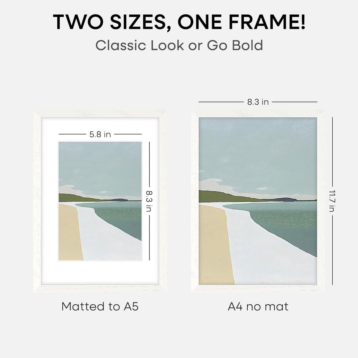 Homeforia A4 Picture Frame White Wood, High-End Oak 8.3 x 11.7 White Poster Frames Matted to 5.8 by