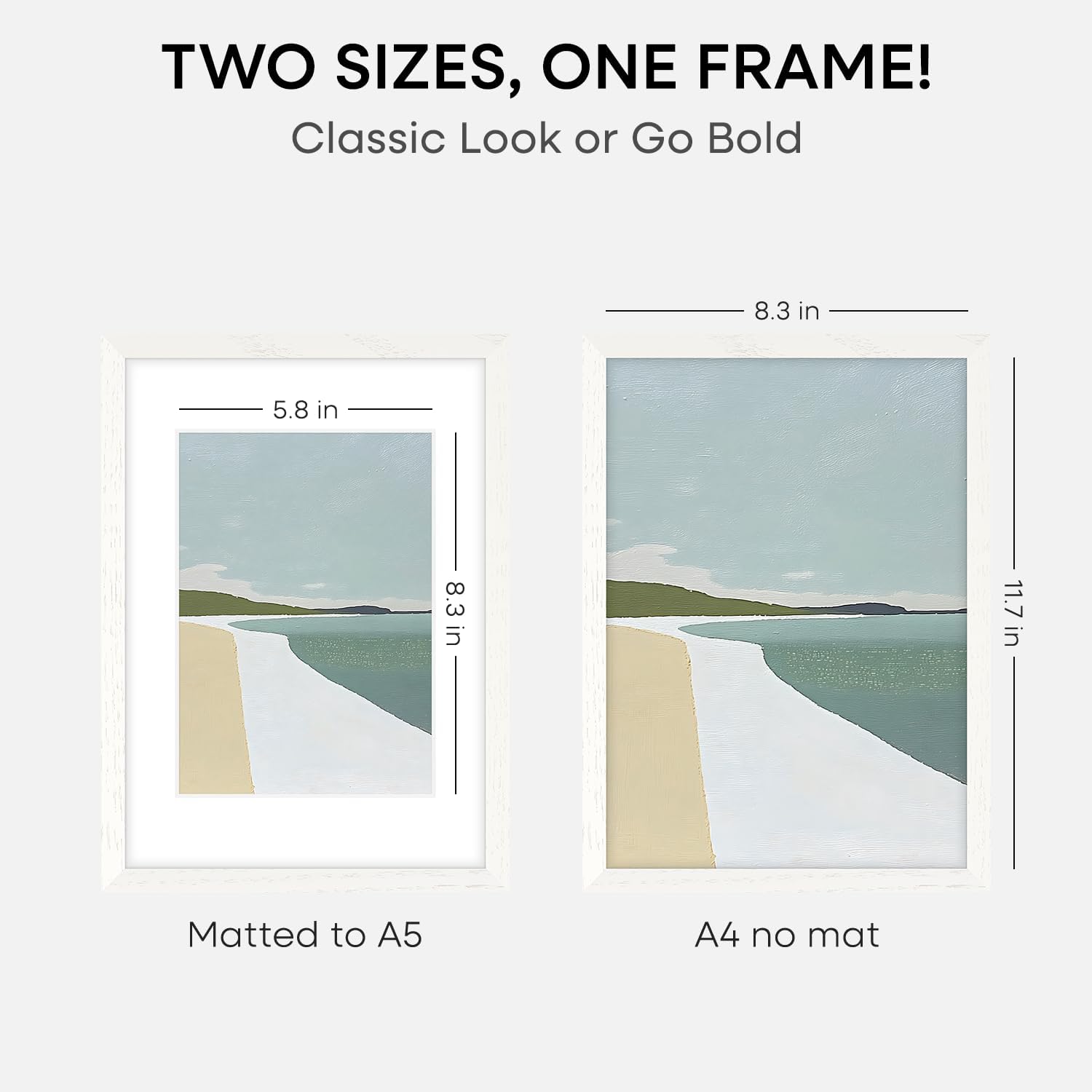Homeforia A4 Picture Frame White Wood, High-End Oak 8.3 x 11.7 White Poster Frames Matted to 5.8 by