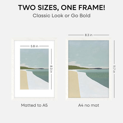 Homeforia A4 Picture Frame White Wood, High-End Oak 8.3 x 11.7 White Poster Frames Matted to 5.8 by