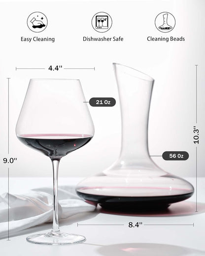 JBHO Full Bottle Wine Decanter with 2pcs Red Wine Glasses and Cleaning Beads, 21 oz Burgundy Wine