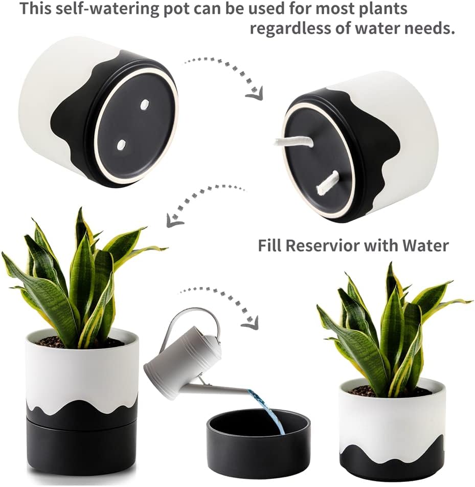 Nihow Self Watering Plant Pot: 6 Inch Ceramic Planter with Drainage Hole & Water Storage Plus for