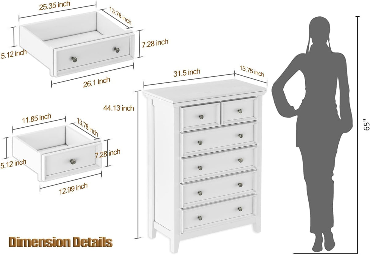 BLANKSPACE White Farmhouse Dresser, 6 Chest Drawer Dresser for Bedroom, Large Capacity Nightstand