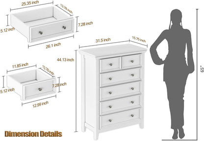 BLANKSPACE White Farmhouse Dresser, 6 Chest Drawer Dresser for Bedroom, Large Capacity Nightstand