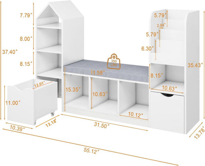 Vabches Kids Bookcase and Bookshelf with Reading Nook, Multifunctional Bookcase with 7 Storage