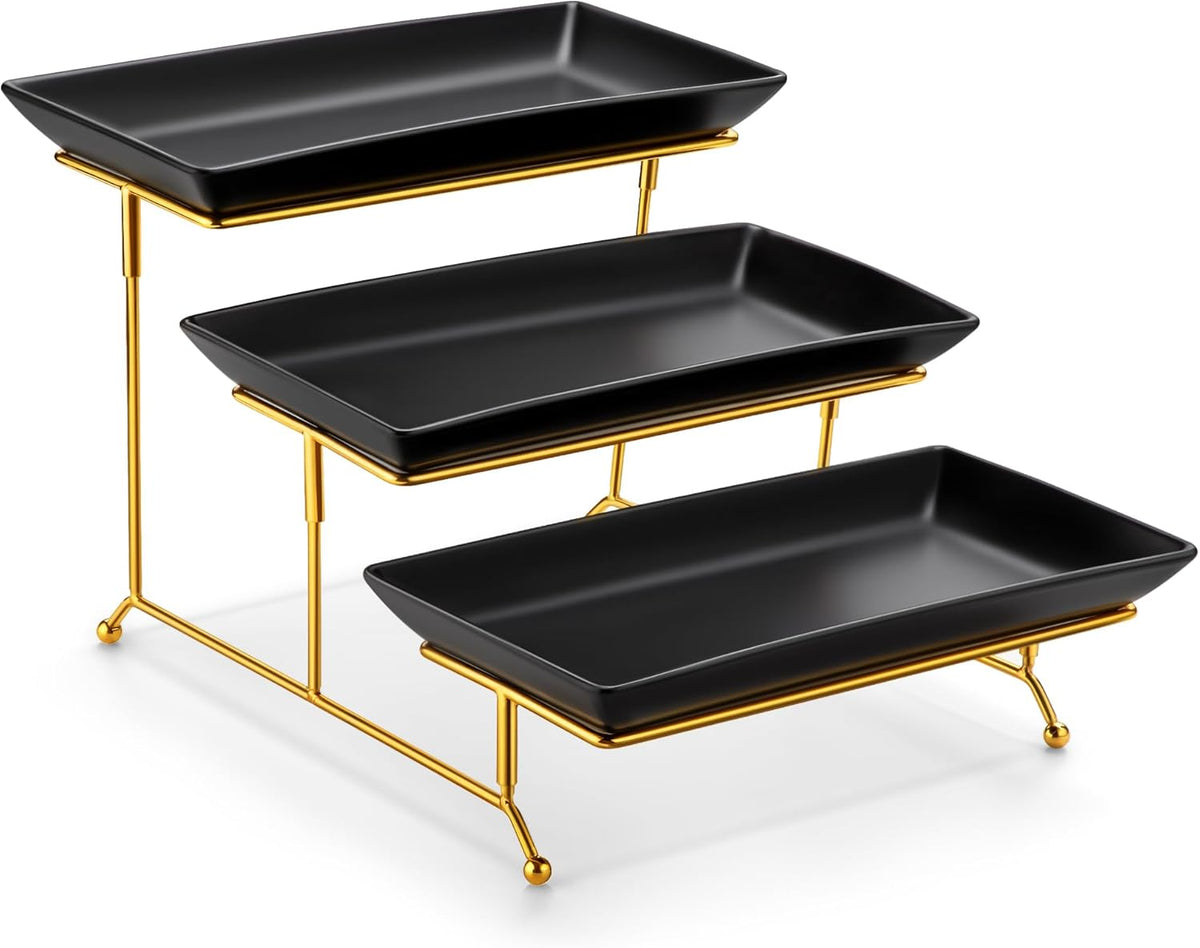 MALACASA 3 Tier Serving Trays for Party, 12 Inch Porcelain Black Trays for Serving Food, Dessert