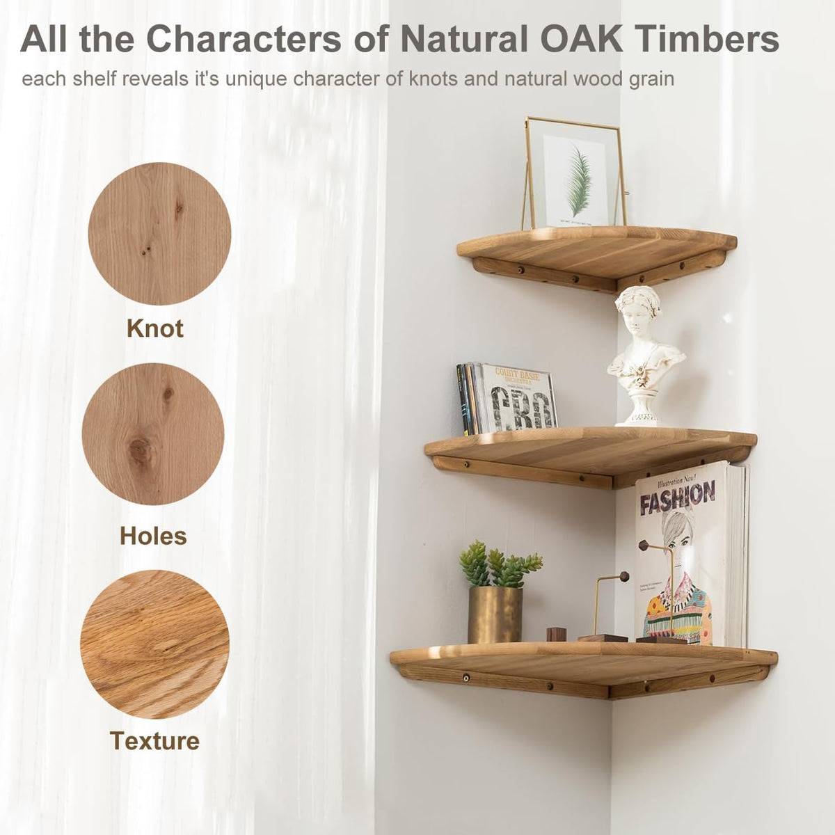 Corner Shelves, Floating Corner Shelf, Set of 2 10inch Solid Oak Wood Corner Wall Shelves, Round