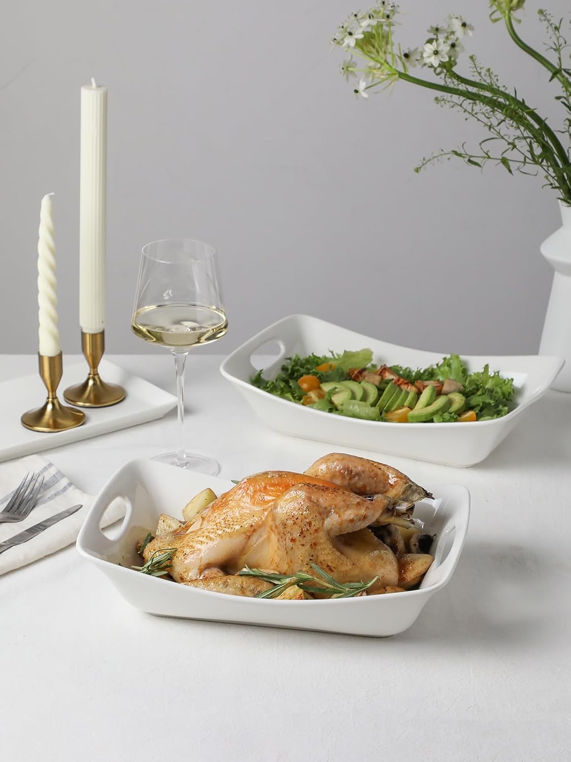 Kanwone Large Serving Bowls with Handles, White Serving Dishes For Entertaining, 1.8 Quarts