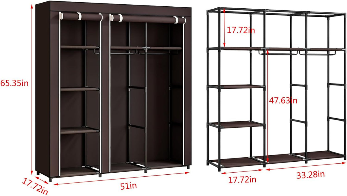 SORCEDAS Portable Wardrobe Closet Storage Organizer Metal Hanging Rack Non-Woven Fabric (Coffee, 51