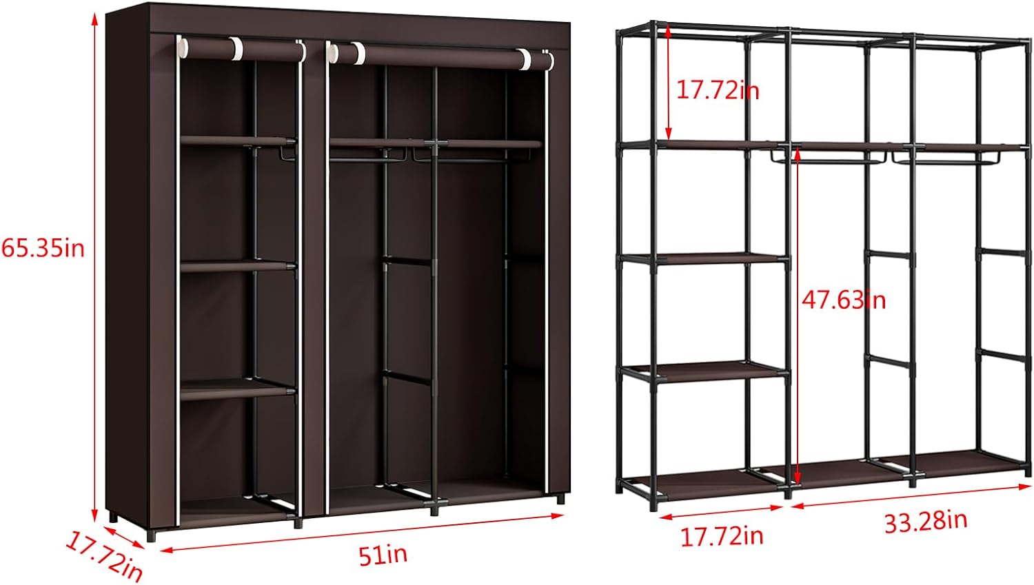 SORCEDAS Portable Wardrobe Closet Storage Organizer Metal Hanging Rack Non-Woven Fabric (Coffee, 51