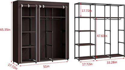 SORCEDAS Portable Wardrobe Closet Storage Organizer Metal Hanging Rack Non-Woven Fabric (Coffee, 51