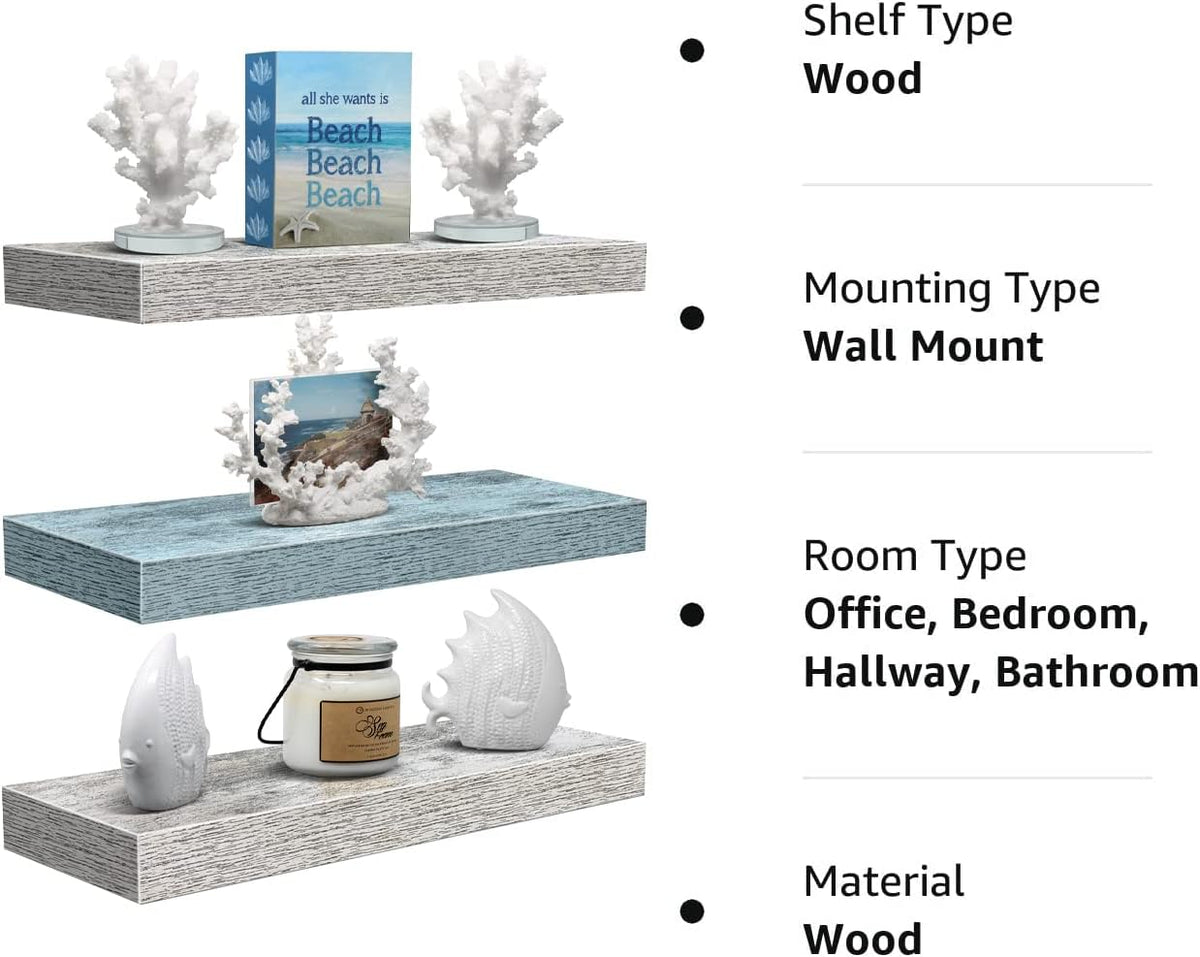 Sorbus Floating Shelves - 3 Pack 16 Inch Rustic & Blue Wall Shelves for Bedroom, Kitchen, Living