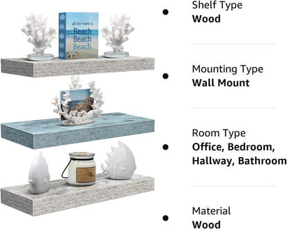 Sorbus Floating Shelves - 3 Pack 16 Inch Rustic & Blue Wall Shelves for Bedroom, Kitchen, Living
