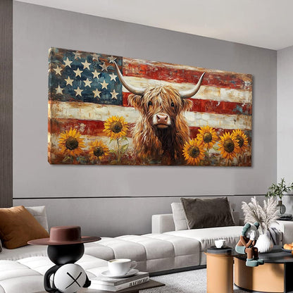 LASMOND Country Highland Cow Wall Art for Living Room Rustic Retro Vintage American Flag Sunflower