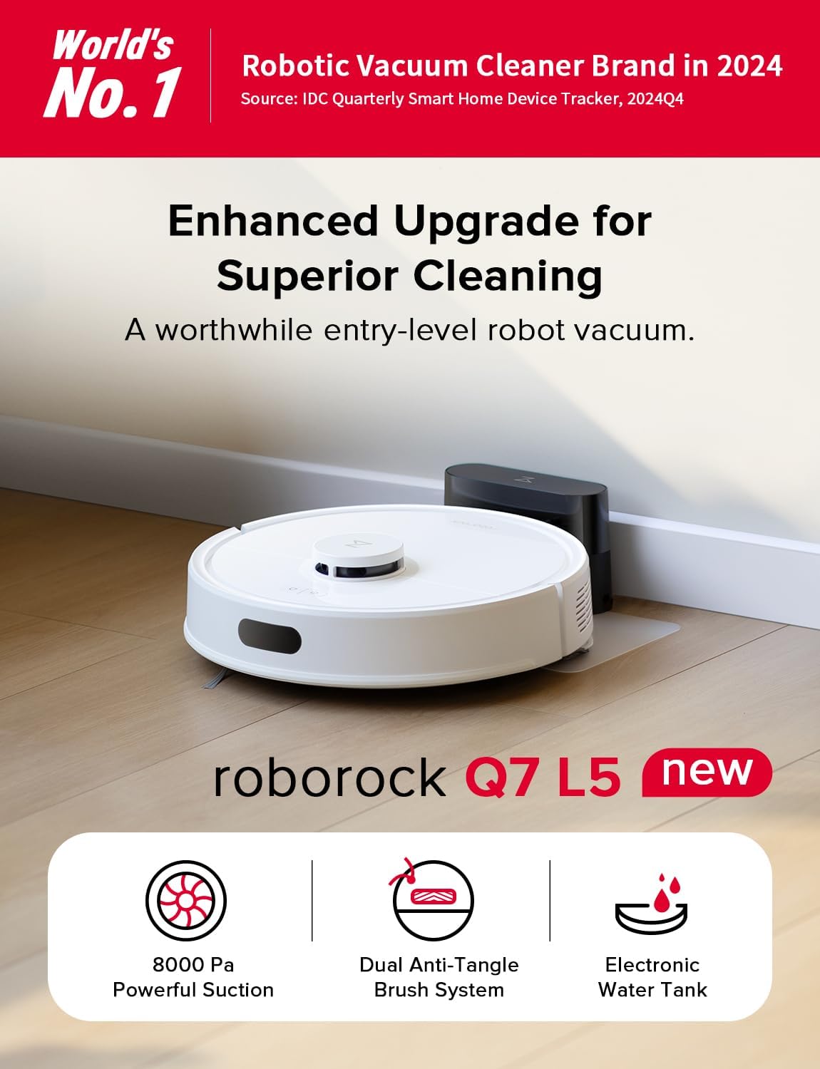 roborock Q7 L5 Robot Vacuum and Mop Combo, 8,000Pa Suction, Upgraded from Q5 Pro, Dual Anti-Tangle