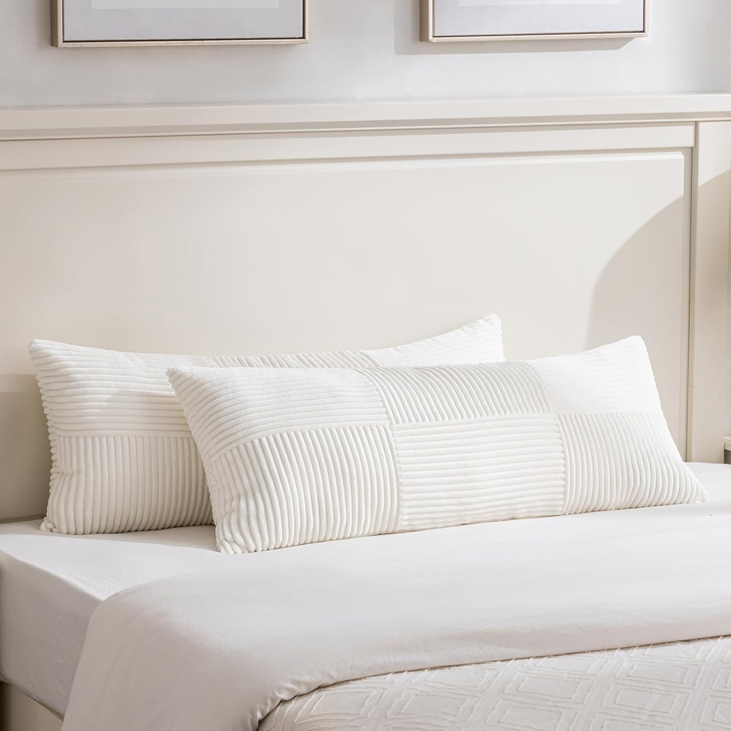 Fancy Homi Set of 2 Cream White Boho Long Lumbar Body Decorative Throw Pillow Cover 14x36 Inch for