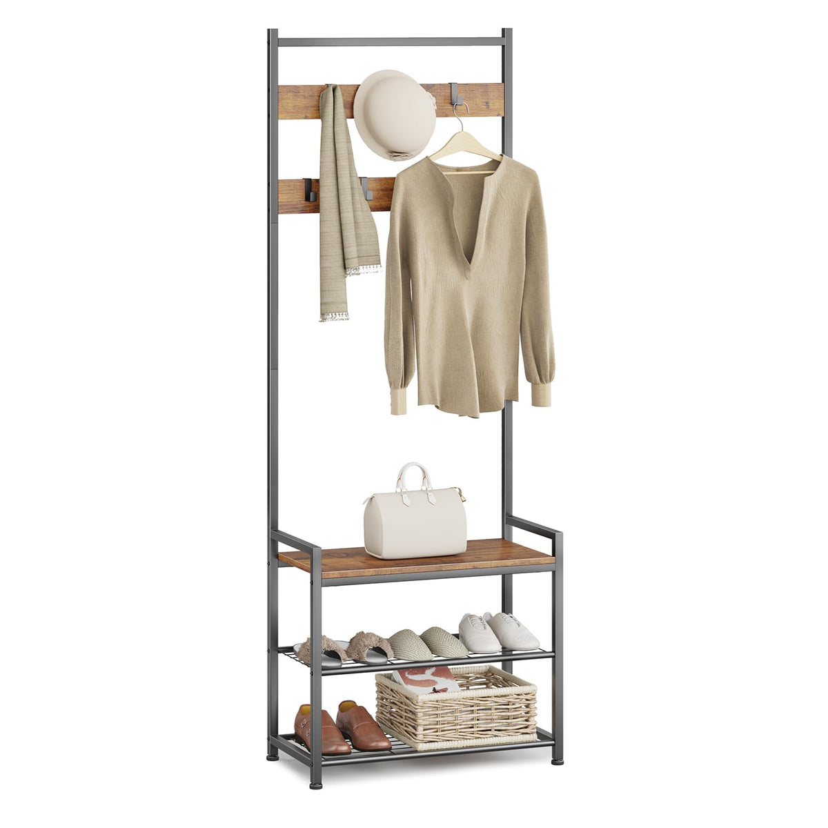 Leadpro Coat Rack Hall Tree with Shoe Storage, Entryway Hall Tree Storage Bench, Wood Look Accent