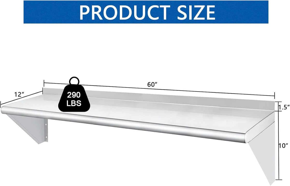 HARDURA Stainless Steel Shelf 12" x 60", 290lb Commercial Shelves Wall Mount Metal Shelving with