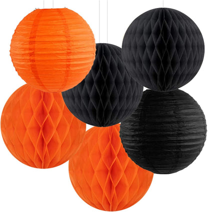 Black Orange White Halloween Party-Decorations - 14pc Kit Paper Lanterns Fan,Tissue Flower Pom Poms
