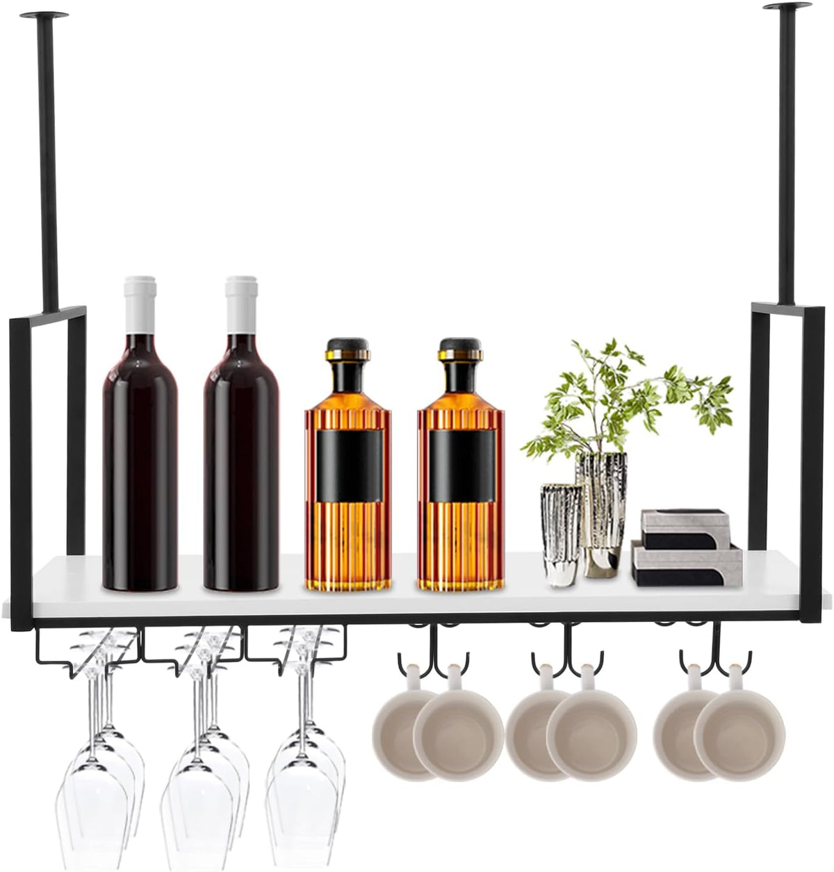 Hanging Wine Rack with Glass Holder and Shelf Metal Ceiling Bar Wine Glass Rack Industrial Wall