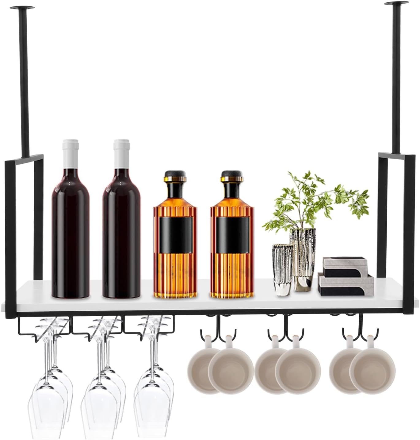 Hanging Wine Rack with Glass Holder and Shelf Metal Ceiling Bar Wine Glass Rack Industrial Wall