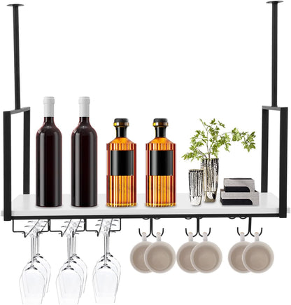 Hanging Wine Rack with Glass Holder and Shelf Metal Ceiling Bar Wine Glass Rack Industrial Wall