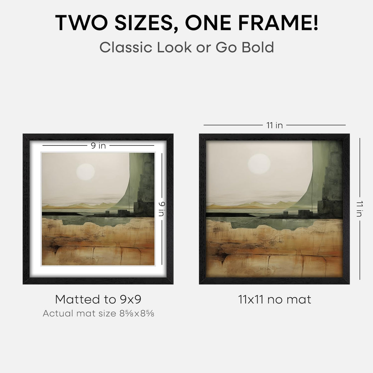 Homeforia 11x11 Black Wood Frame, High-End Oak 11 x 11 Square Picture Frames with Mat 9 by 9 inch