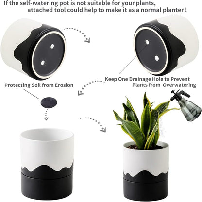 Nihow Self Watering Plant Pot: 6 Inch Ceramic Planter with Drainage Hole & Water Storage Plus for
