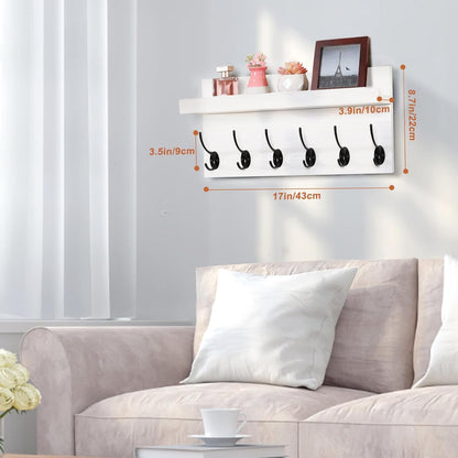 Shelf with Hooks, Coat Rack Wall Mount with 6 Double Metal Hooks, 17 Inch Farmhouse Wall Hooks with