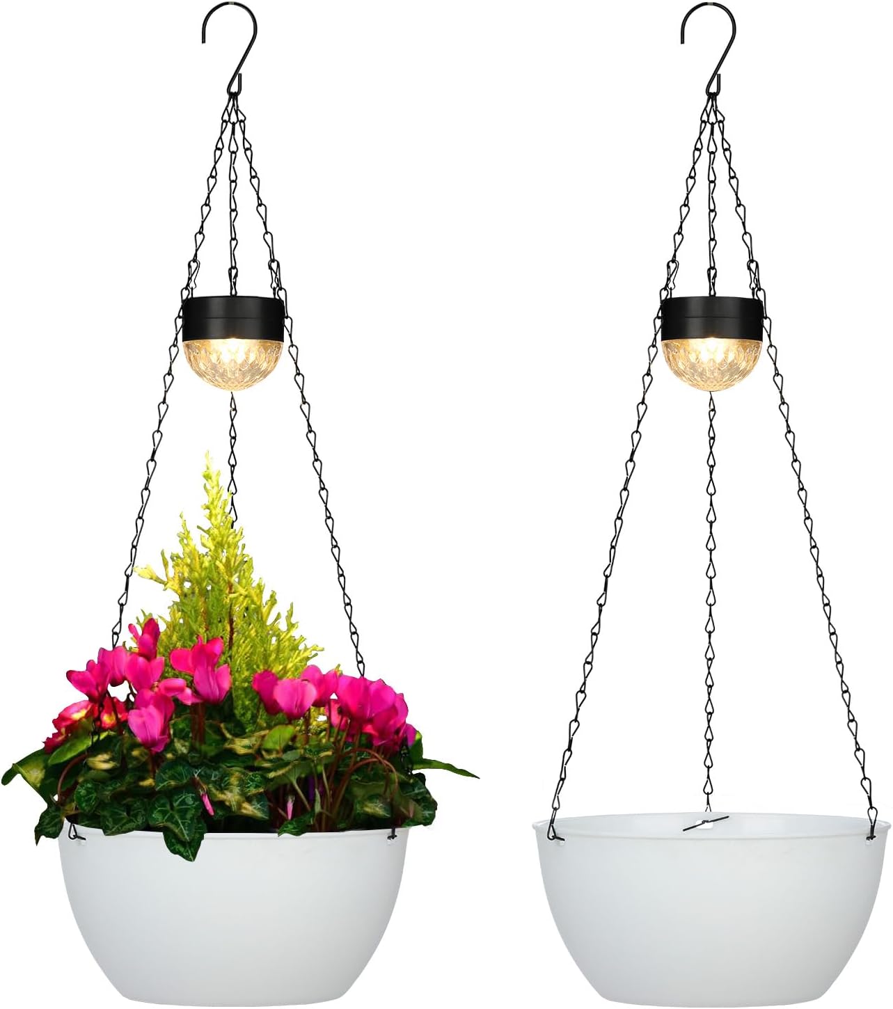 2 Packs Solar Hanging Basket Planters for Plants Outdoor, Self Watering White Flower Plants Pots