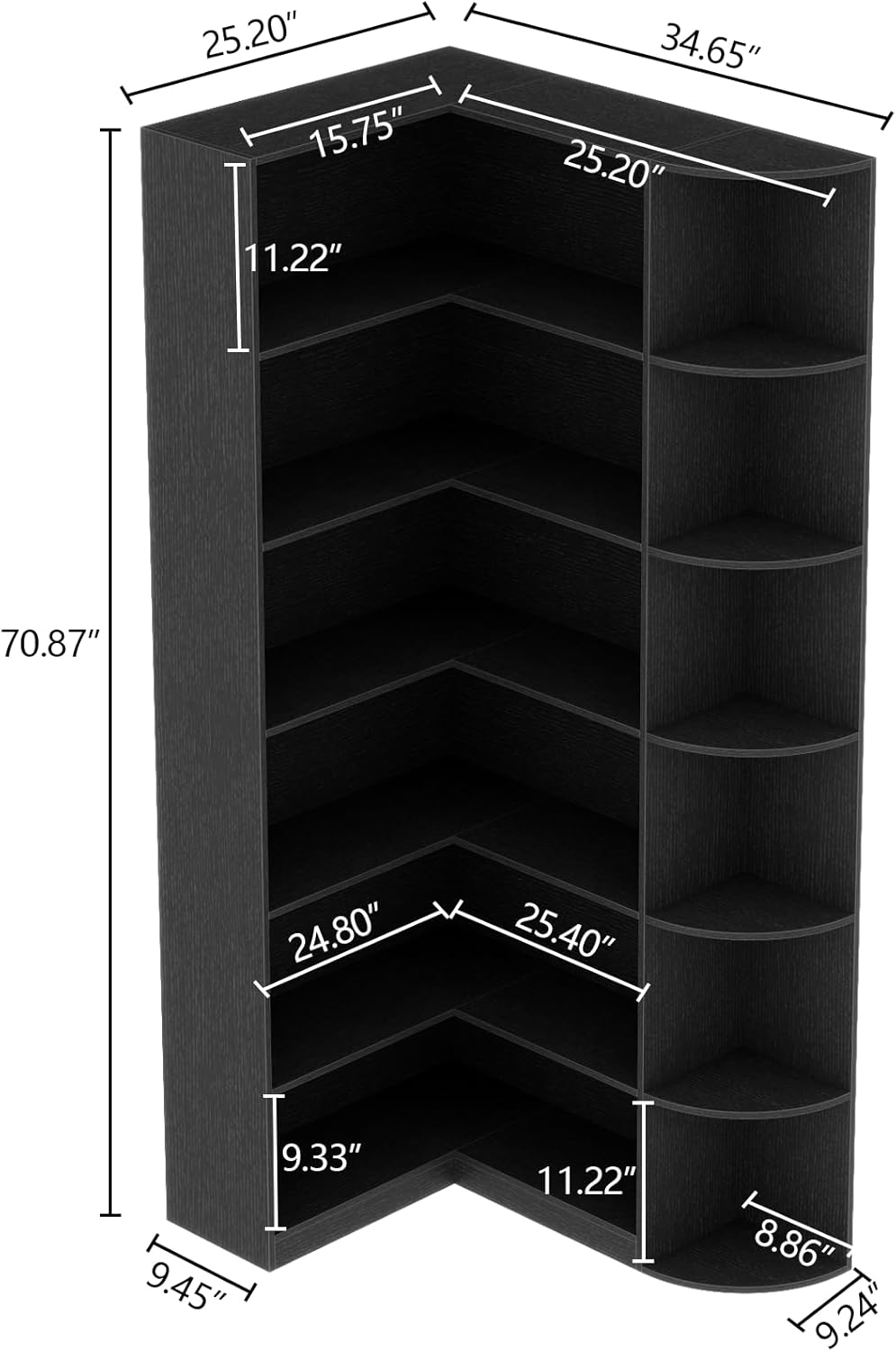 Loomie Black Book Shelf, 6 Tiers Shelf Large Tall Corner Etagere Bookcase with Full Baffle
