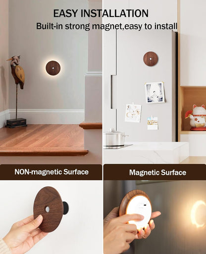 Motion Sensor Night Light Wood Rechargeable Battery-Powered Stick-On Step Lights Magnetic Closet