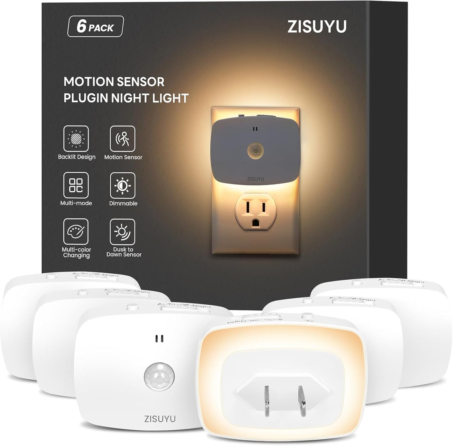 ZISUYU Plug-in LED Backlit Night Light with Motion Sensor & Dusk to Dawn Sensor, 10-60lm Dimmable
