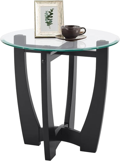 Glass End Table, 23.5" Round Side Tables with Tempered Glass Top Cross and Solid Wood Base Small