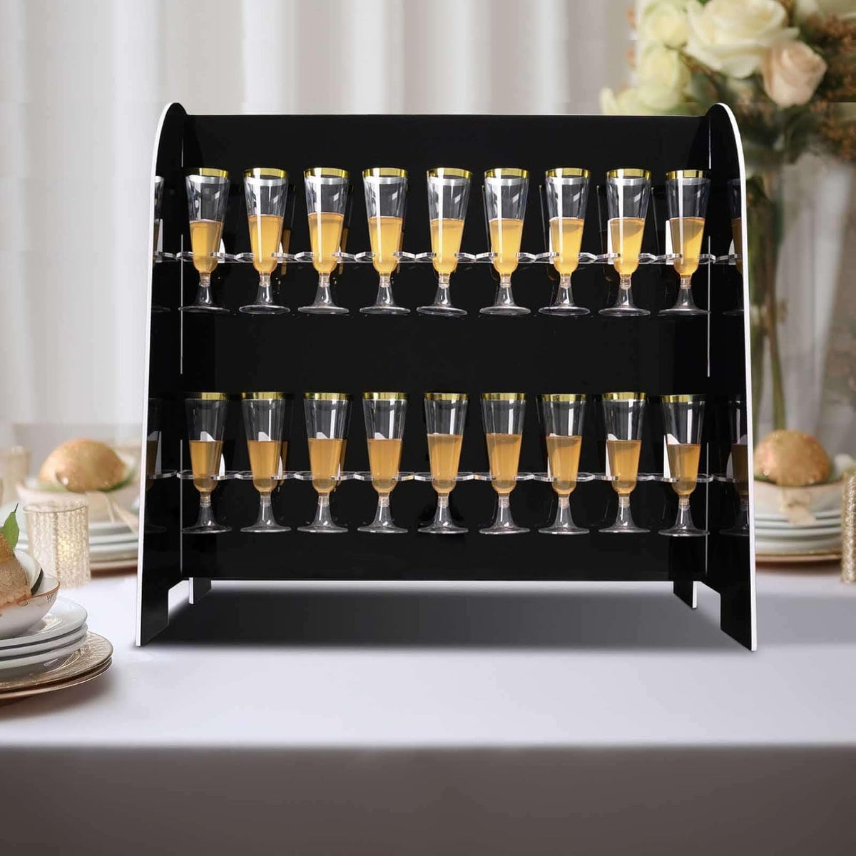 Tableclothsfactory Black Mirror Finish 2-Tier Wine Glass Stemware Rack, 18 Champagne Flute Holder