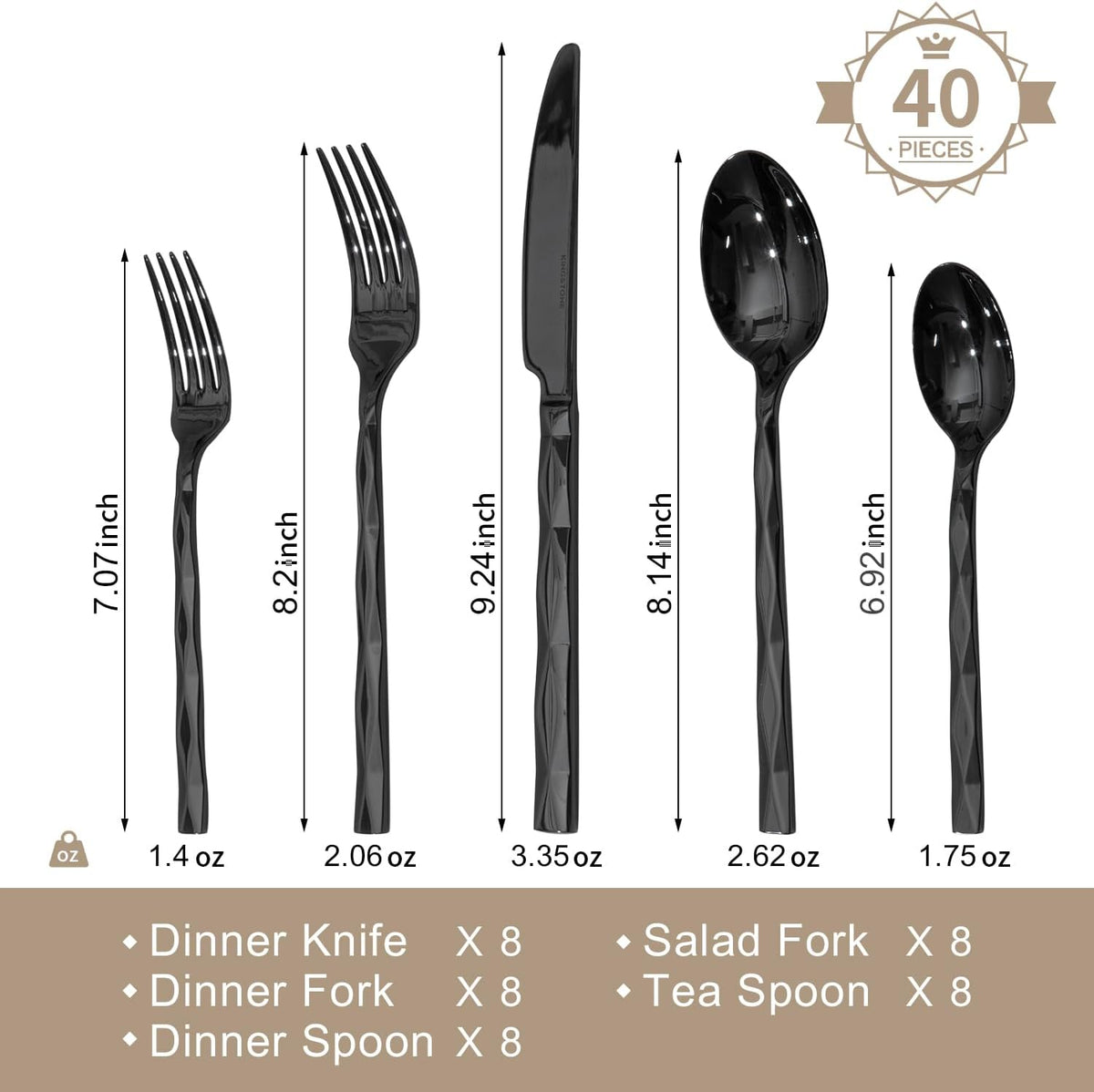 KINGSTONE Black Silverware Set, Luxury 40 Piece Flatware Set for, 18/10 Stainless Steel Cutlery Set