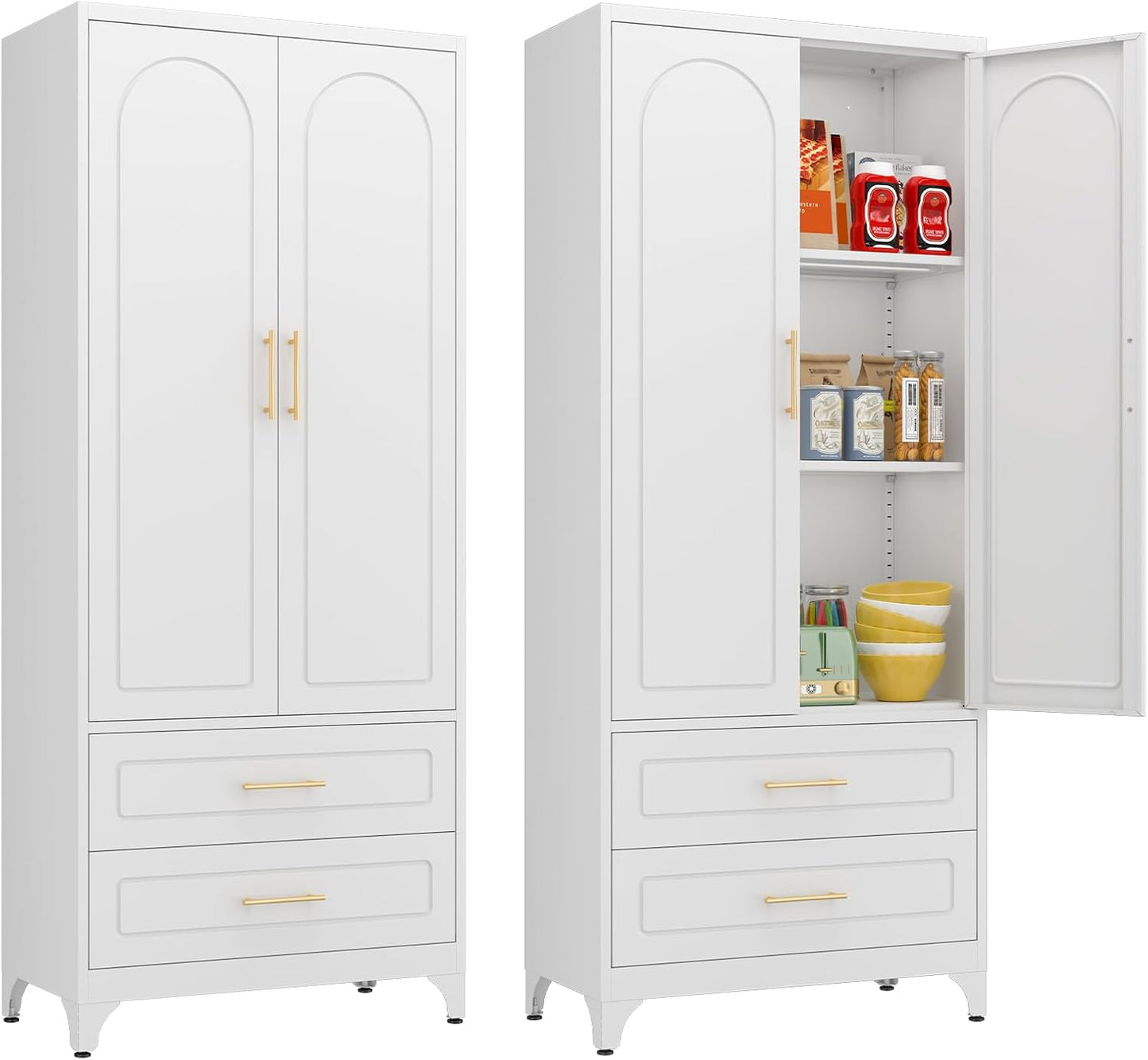 Kitchen Pantry Cabinet, 75" Tall Metal Pantry Cabinet with Two Drawers, Food Cupboards with Doors