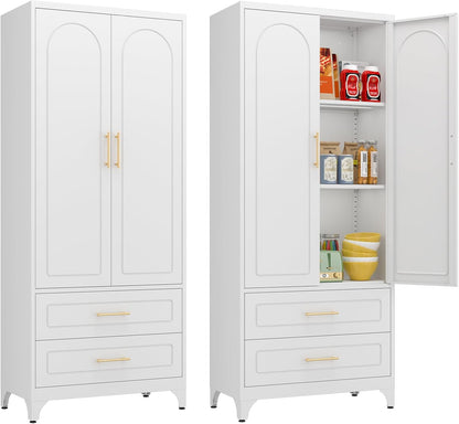 Kitchen Pantry Cabinet, 75" Tall Metal Pantry Cabinet with Two Drawers, Food Cupboards with Doors