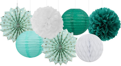 Sage-Green Teal-Gold Baby-Shower Party Decorations - 14pcs Rustic Wedding Paper Lanterns Fan,Tissue