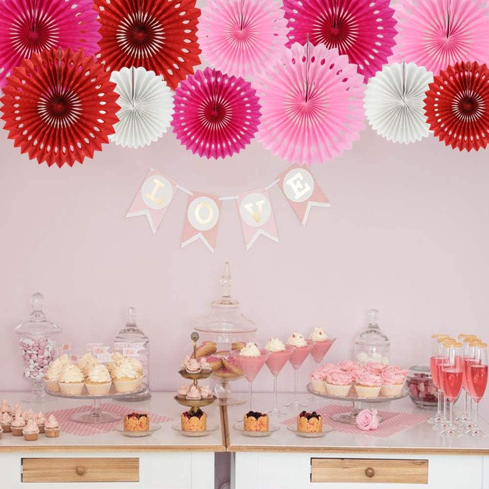 BEISHIDA Red Pink Rose Red Hanging Tissue Honeycomb Round Paper Fans Decor Kit for Birthday Girl
