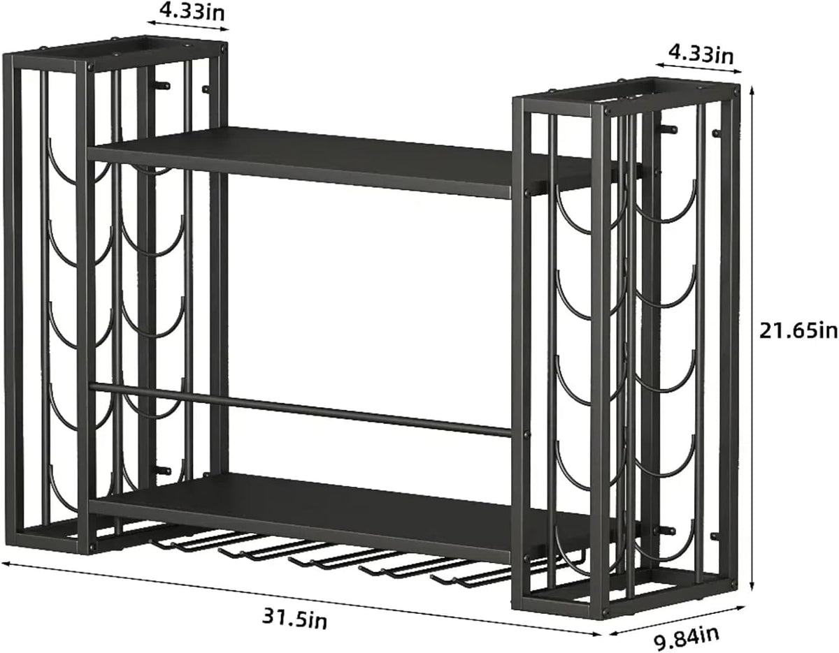Wall Mounted Wine Rack, Wine Rack Wall Mounted with Wine Glass Rack, 2-Tier Multi-Functional Shelf