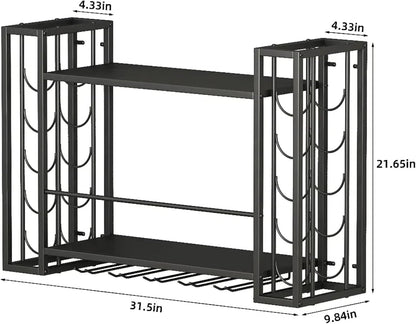 Wall Mounted Wine Rack, Wine Rack Wall Mounted with Wine Glass Rack, 2-Tier Multi-Functional Shelf
