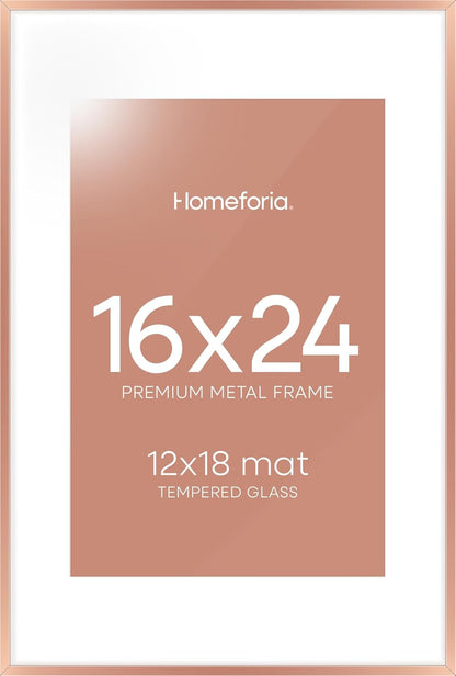Homeforia 16x24 Picture Frame Rose Gold, High End Metal 16x24 Poster Frames with Mat 12x18 inch