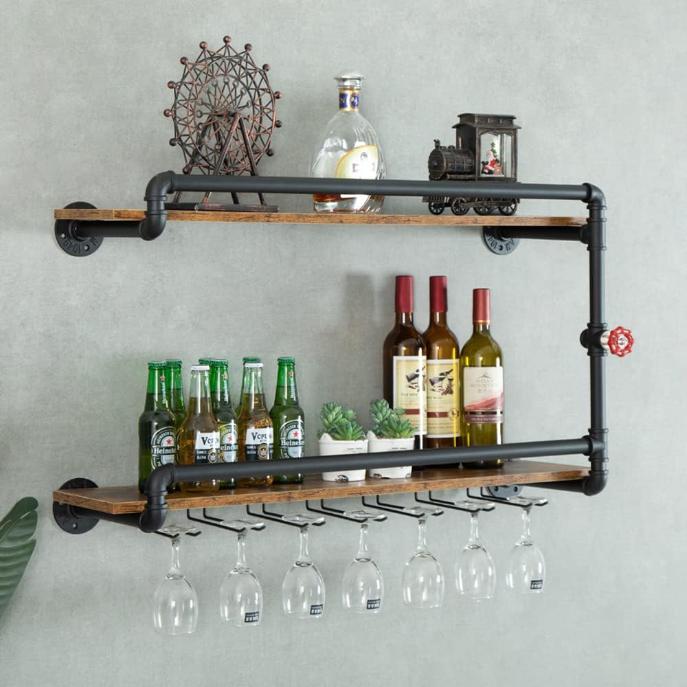 Wine Rack Wall Mounted 2 Tier, Hanging Floating Bar Liquor Shelves with Glass Holder Storage Under