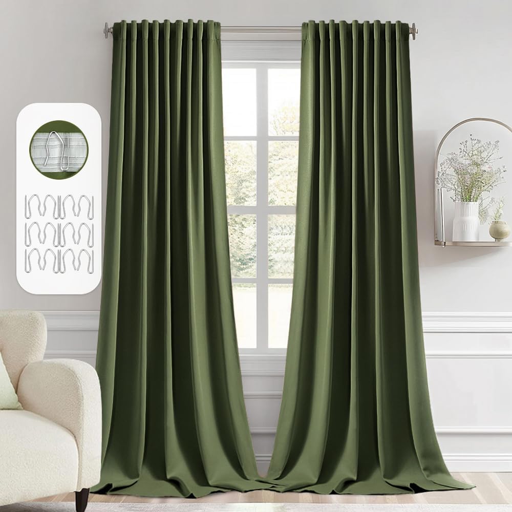 MIULEE Olive Green Back Tab Blackout Curtains 102 Inch Long 2 Panels Set for Bedroom, Rod
