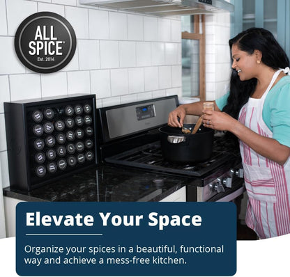 AllSpice Spice Rack Organizer, Wood, 525 Unique Labels, Countertop or Wall Mount, Includes 30 4oz